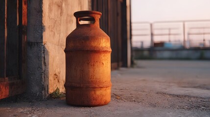 Rusty gas cylinder resting on concrete ground next to a textured wall during the warm light of sunset