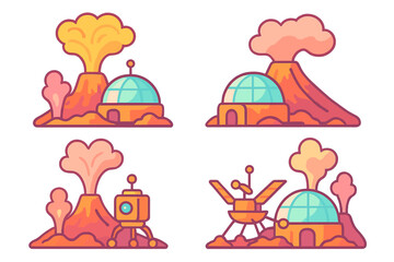 Four cartoon alien planet landscapes with volcanoes and domes © icon_art
