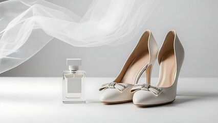 Elegant white high-heeled bridal shoes with bows and a white perfume bottle on a white background with flowing sheer fabric.