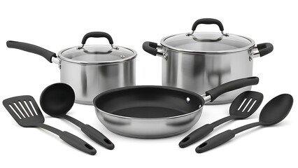 Stainless steel cookware set with glass lids and black cooking utensils, isolated on a white background.