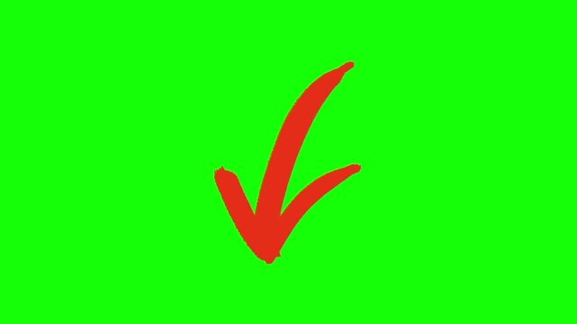 Red hand drawn brush stroke arrow pointing down animation for creative design elements isolated on transparent background. 