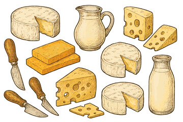 Artistic Drawing of Various Cheeses and Milk