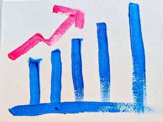 A high-angle shot of thick, textured acrylic paint on a white canvas, depicting a conceptual blue bar graph with a rising pink arrow to symbolize financial growth and success.
