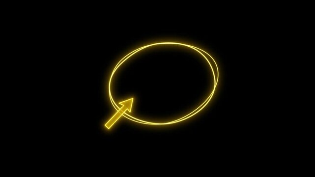Yellow neon glowing oval frame with arrow animation, pointing to center isolated on transparent background for designs.