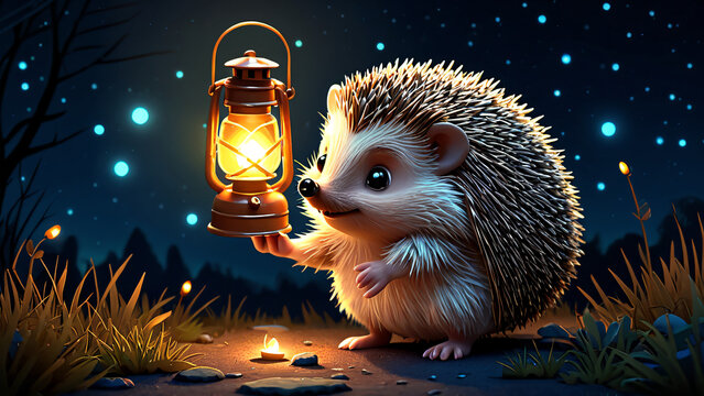 Igel mit leuchtender Laterne bei Nacht Cartoon-Stil