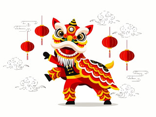 A vibrant Flat Design illustration of a Chinese lion dance performer in a traditional red and yellow costume, surrounded by floating red lanterns and stylized clouds, set against a clean