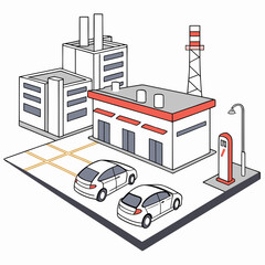 An illustrated depiction of an industrial complex with buildings a gas station and parked vehicles