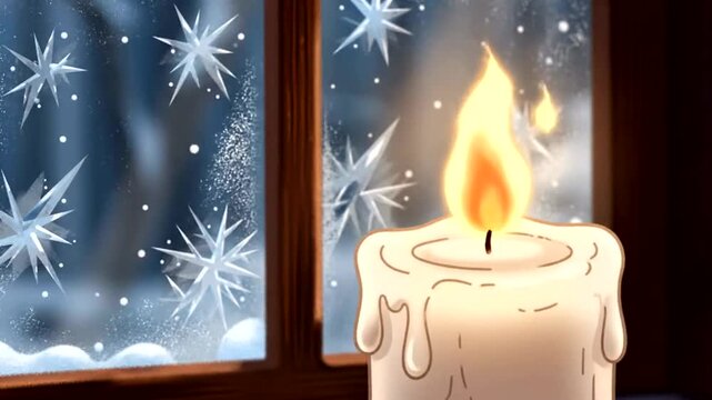 Candlelight Glows Warmly Against a Snowy Winter Window Scene.