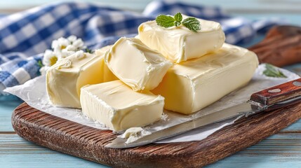 Minimal flat lay butter on white paper aged wood & gingham, light wood surface glow, knife handle as lead line, lower-left copy space for calories, fit-food app or light-bite ad, high-res
