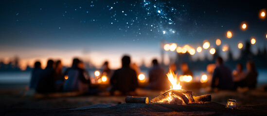 Naklejka premium Faceless cozy evening gathering around crackling campfire with friends heavily defocused starlit sky background anonymous group sharing stories enjoying warmth of flames under