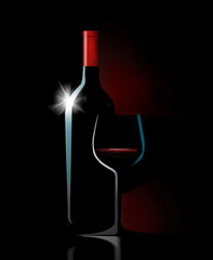 Red wine in a stemware glass is seen with a bottle of wine. A specular highlight sparkles in this 3-d illustration.