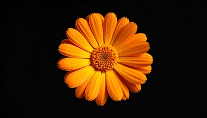 Vibrant orange flower with numerous petals and textured center, set against a black backdrop