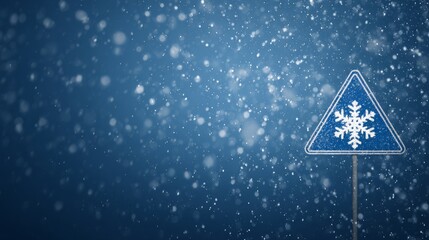 Traffic sign with snowflake symbol on blue background with falling snowflakes, winter weather warning for road safety, cold season alert and hazard prevention