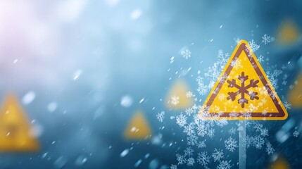 Traffic sign with snowflake symbol on blue background with falling snowflakes, winter weather warning for road safety, cold season alert and hazard prevention
