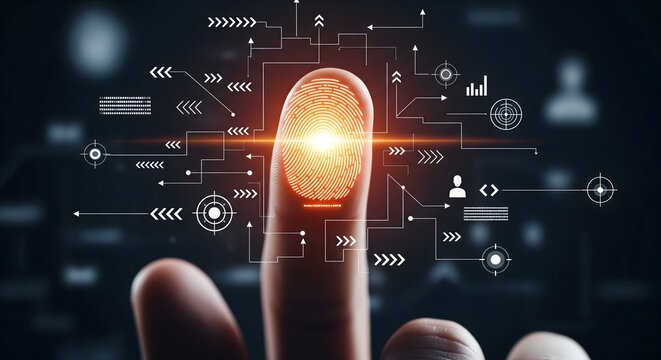 Biometric fingerprint scan for secure digital identity and cybersecurity access A close-up conceptual image of a human finger being scanned by a glowing orange biometric interface with digital data sy - Powered by Adobe