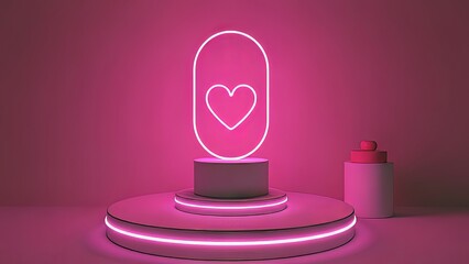 A pink neon heart sculpture on a pedestal with a glowing base and a bottle nearby in a dark room