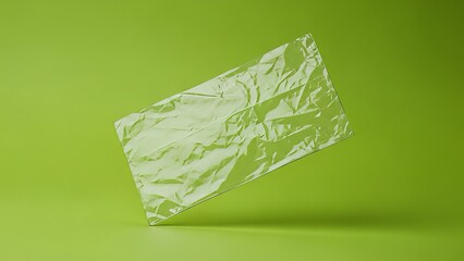 Crinkled transparent plastic bag floating against a lime green background with shadow