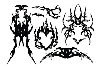 Cool Set of Y2k Tattoo. Cyber Sigilism Grunge Tattoo Designs. Y2k, Hand Drawn neo tribal Tattoos