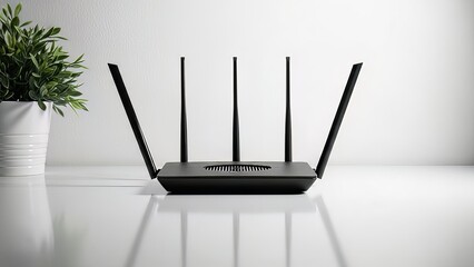 Wireless router with antennas on a white surface next to a plant