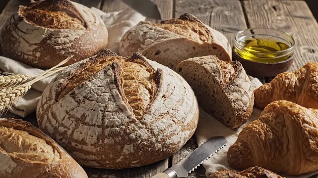Artisanal bread and baked goods on rustic wooden table close up