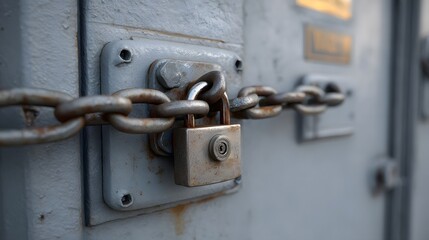 A rusty padlock and chain secure a grey metal door or container emphasizing security and restricted access