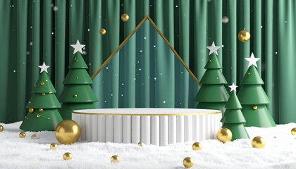 Festive scene with podium, Christmas trees, golden baubles, and green backdrop