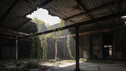 Fototapeta premium Abandoned building interior with sunlight streaming through a hole in the roof.