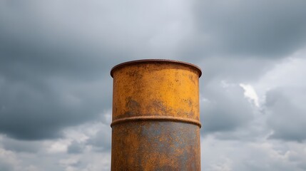 A weathered rusty industrial barrel stands tall against a dramatic dark overcast sky evoking a sense of decay and isolation