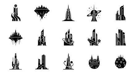 Fototapeta premium Futuristic cityscape icons with sleek, modern design elements showcasing innovation, technology, and vision for urban planning and architectural concepts