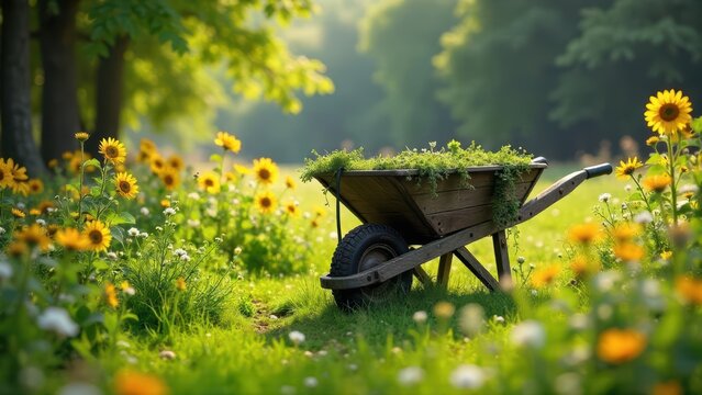 Rustic wooden wheelbarrow filled with lush greenery sits serenely amidst a vibrant field of blooming sunflowers and wildflowers, bathed in the warm glow of sunlight