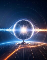 Futuristic sphere with energy waves and grid lines, cosmic background