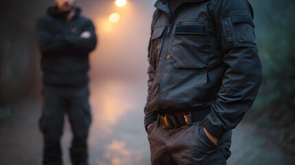 Fototapeta premium Two men in dark tactical jackets stand outdoors at twilight in a misty atmospheric setting