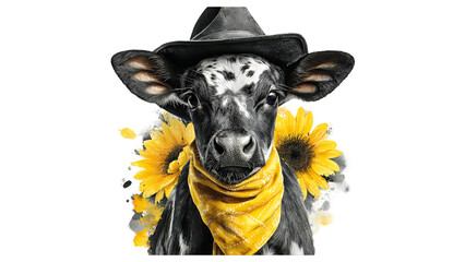 Black cow portrait with cowboy hat and yellow bandana sunflowers watercolor illustration isolated