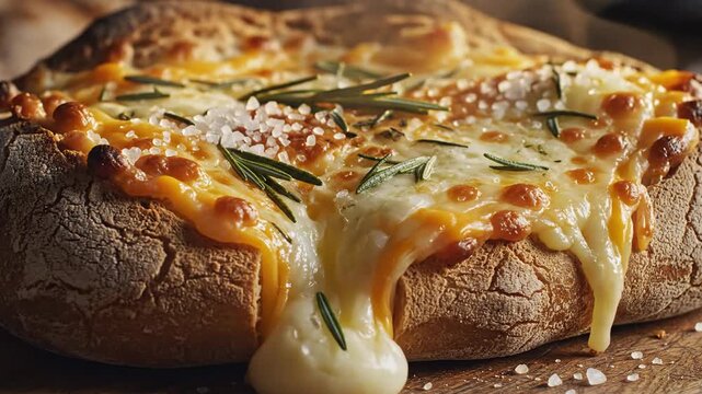 Baked bread bowl filled with melted cheese and herbs overhead close up