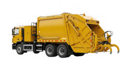 Yellow garbage truck with rear loader mechanism isolated on transparent background