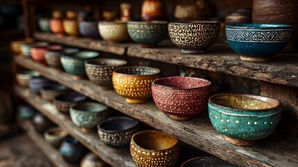 Display shelves filled with handmade ceramic bowls in various colors in a pottery studio shop showing artisan craftsmanship and patterns.