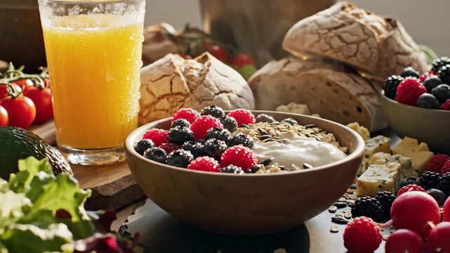 Breakfast table display fresh fruit juice and variety of food items