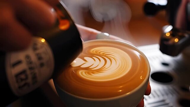 Barista pouring latte art with a rosetta pattern into a cup