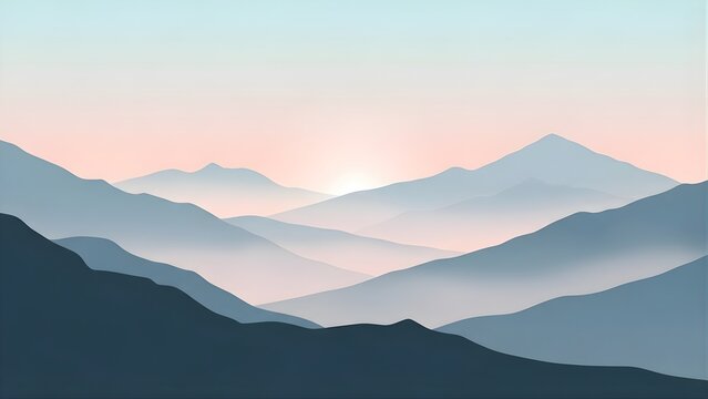 Minimalist mountain landscape with layered silhouettes - Powered by Adobe