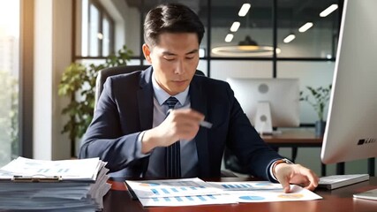 Focused Asian businessman analyzing financial data and reports at his office desk during the day. - Powered by Adobe