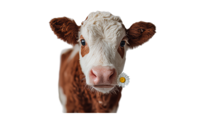 Funny brown and white cow face holding a daisy in mouth watercolor illustration