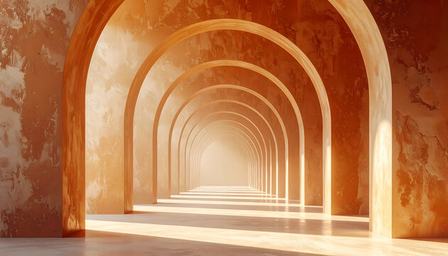 3D render of layered arches fading into the distance, set against a soft brown background - Powered by Adobe