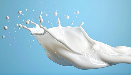 White liquid erupts in a dynamic splash against a light blue backdrop, droplets scattered