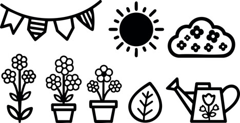 Fototapeta premium Gardening vector set with flowers, watering can, sun, cloud, leaf, and festive flags for spring and summer designs