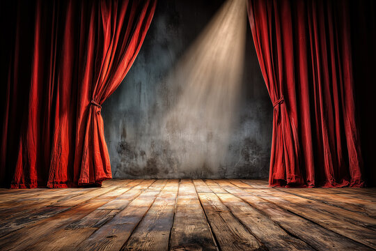 Empty theatre stage is lit by a single light shining down from above