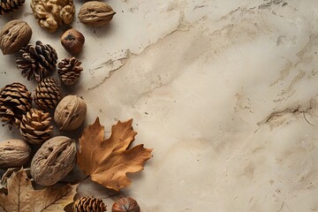 Minimalist Autumn Still Life with Pinecones and Walnuts on Light Stone Background