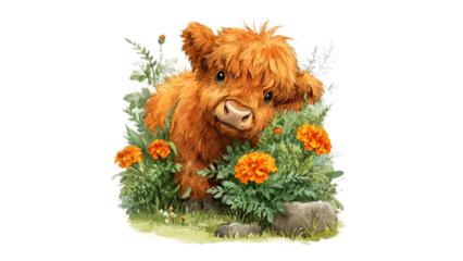Adorable highland cow calf standing in green bushes with marigolds watercolor