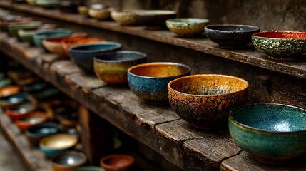 Display shelves filled with handmade ceramic bowls in various colors in a pottery studio shop showing artisan craftsmanship and patterns.