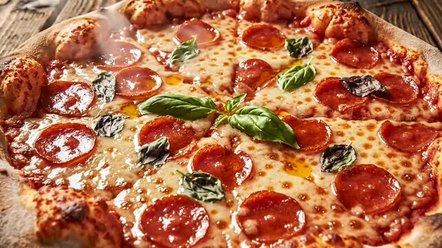 Delicious pepperoni pizza with fresh basil leaves, hot and ready to eat, served on a rustic wooden table.