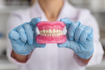 Dentist shows model of dentures in dental office during routine patient consultation